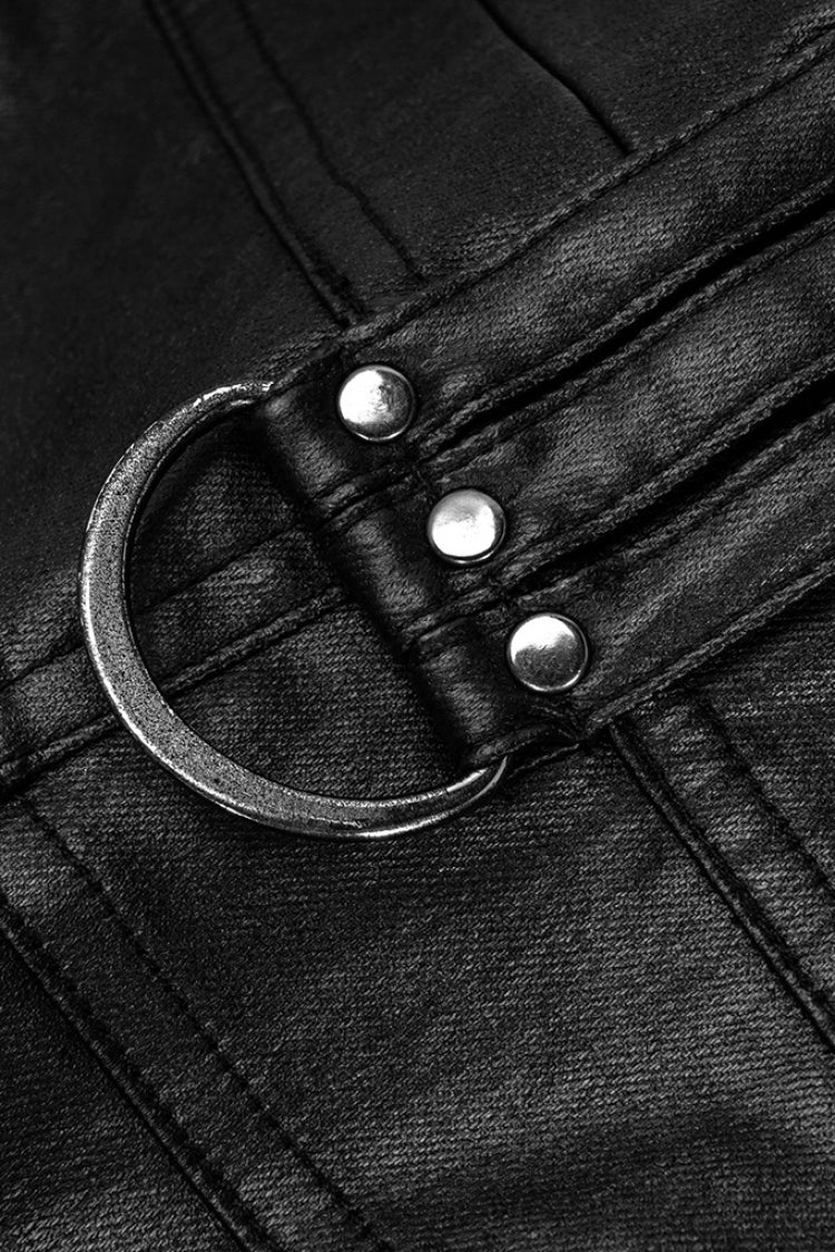Black Faux Leather Metal Buckle Side Zipper Men's Steampunk Pants - Product - 8