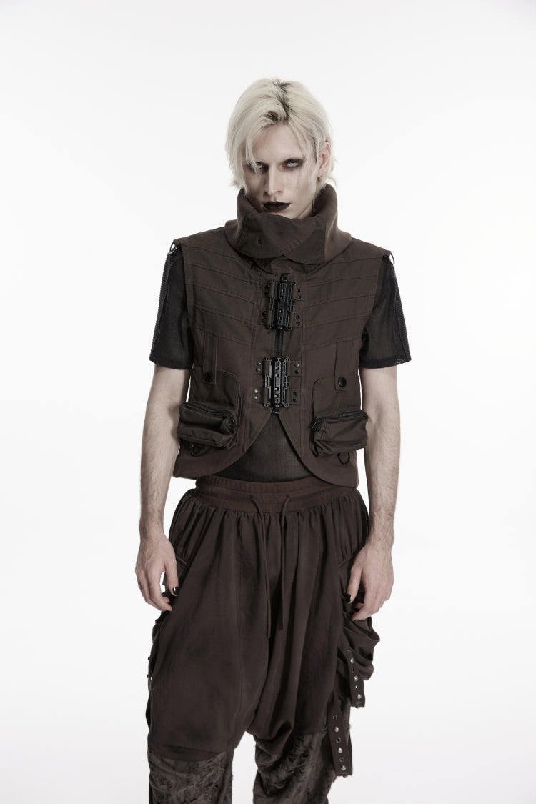 Black Stand Collar Sleeveless Men's Punk Patch Pockets Convertible Collar Vest Vest - Black - 1