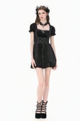 Black Square-Cut Collar Short Puff Sleeves Lace Patchwork Velvet Lace-Up Women's Gothic Vintage Dress - Product - 10