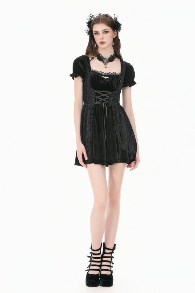 Black Square-Cut Collar Short Puff Sleeves Lace Patchwork Velvet Lace-Up Women's Gothic Vintage Dress - Product - 10