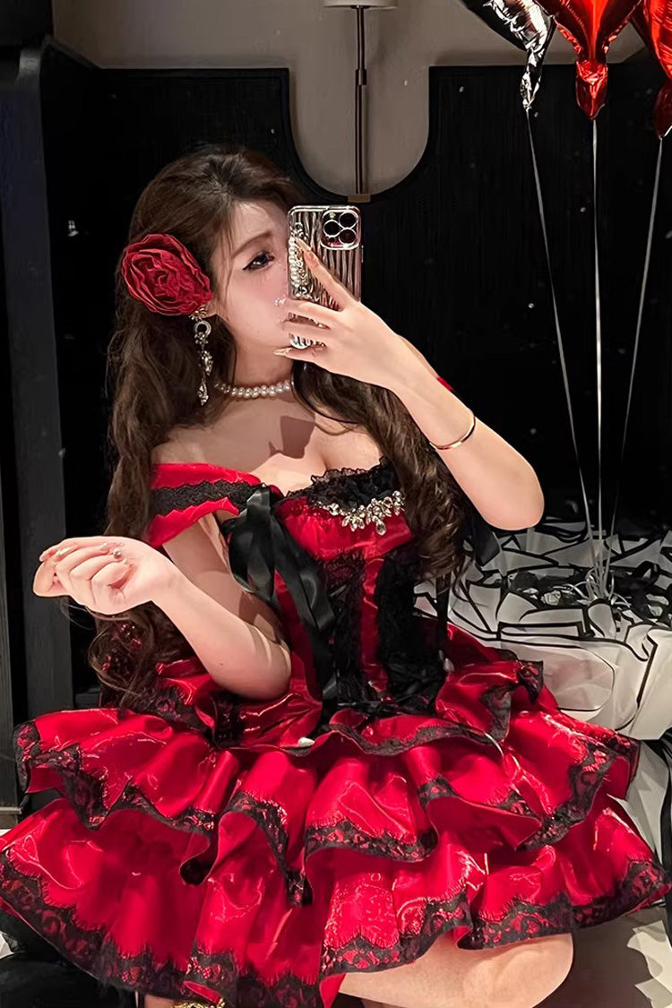 Red [Love Poems of the Heart] Sleeveless Triple-Layered Ruffled Lace Lace-Up Sweet Lolita Jsk Dress - Product - 8