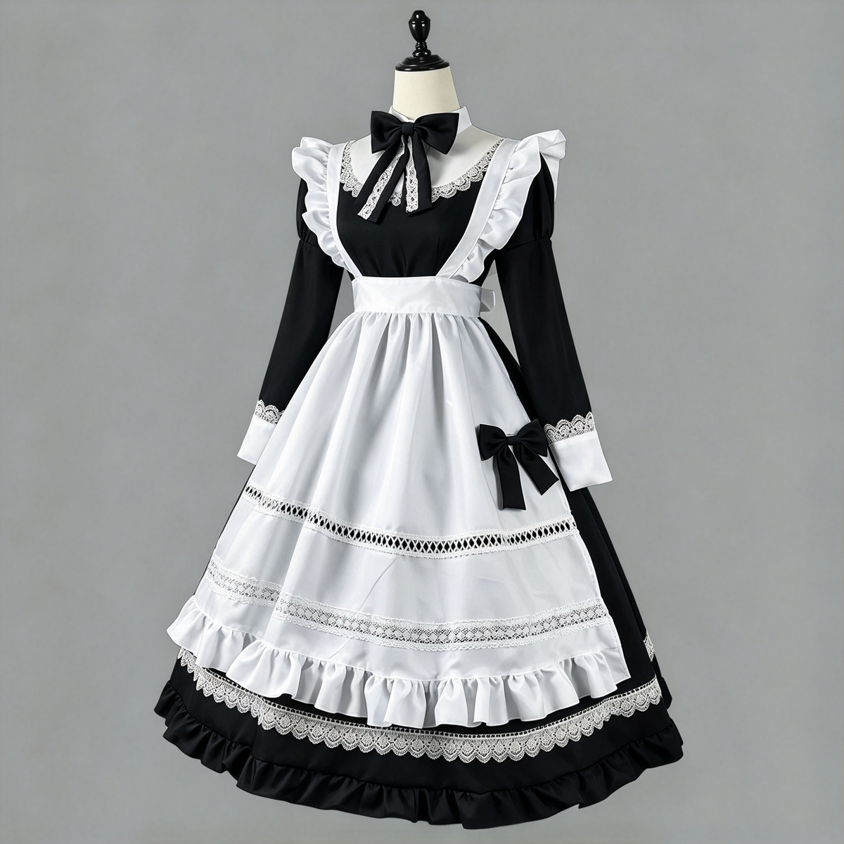Blue and White Ruffled Maid Lolita Dress with Apron and Bow Accent - view 4