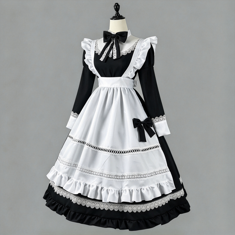 Blue and White Ruffled Maid Lolita Dress with Apron and Bow Accent - view 4