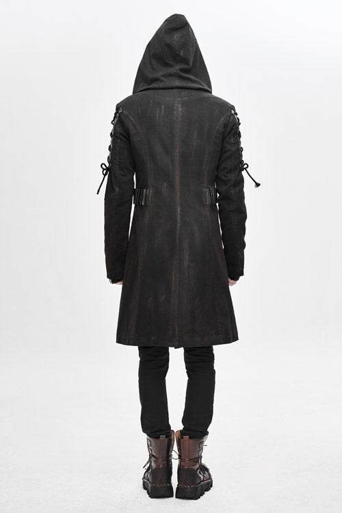 Brown Hooded Denim Tattered Long Mens Punk Coat - Product - 4