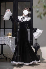 Black [Raven-Feather Poetic Letter] Velvet Long Hime Sleeves Ruffle Bowknot Gothic Elegant Lolita Fishtail Dress - Product - 2