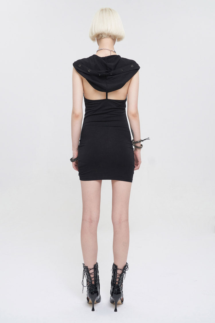 Black Cross Straps Backless Hooded Sleeveless Hip Wrap Women's Punk Dress - Product - 4