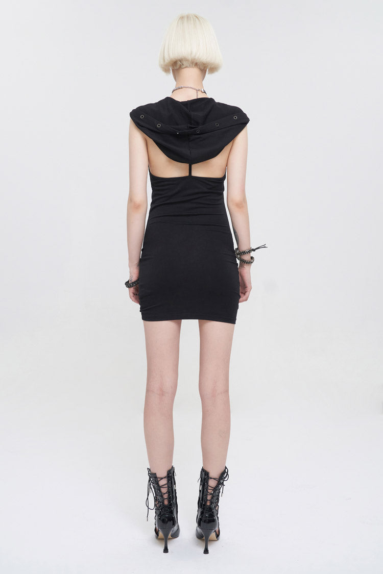 Black Cross Straps Backless Hooded Sleeveless Hip Wrap Women's Punk Dress - Product - 4