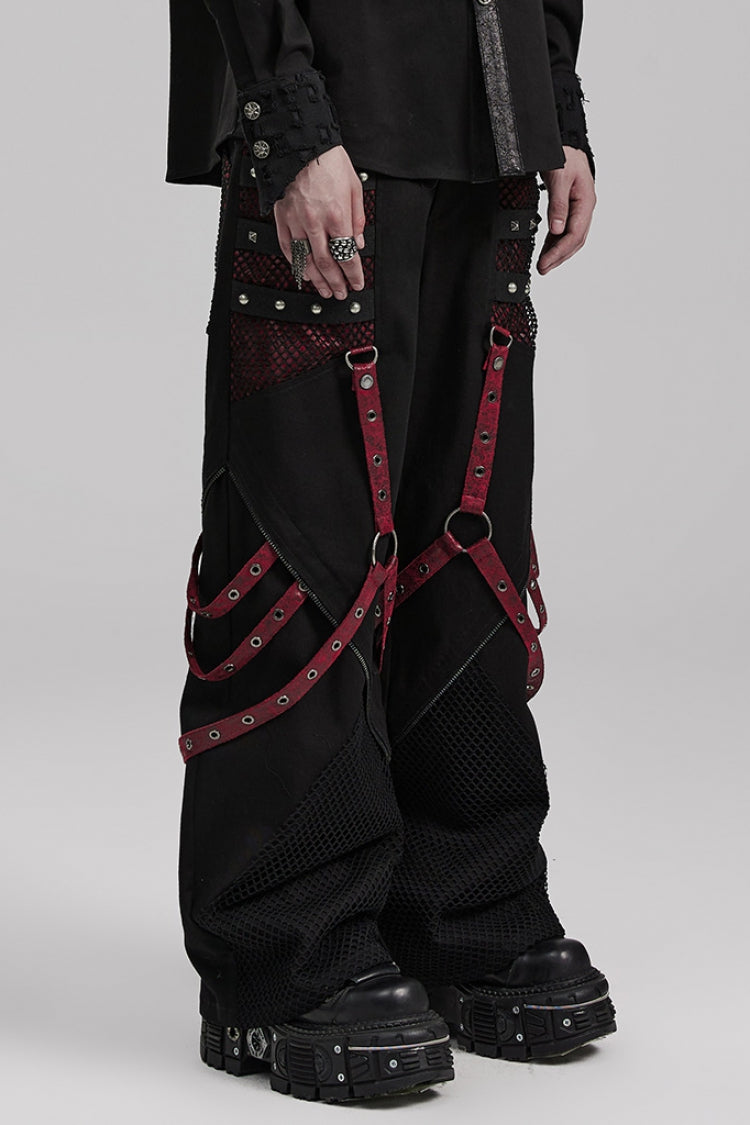 Cracked Leather Stitching Metal Rivet Decoration Mesh Men's Steampunk Pants 2 Colors - Product - 10