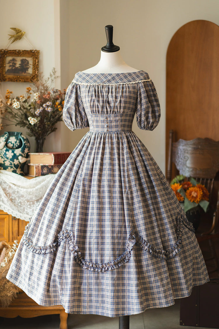 Grey/Blue [Forest Picnic] Boat Neck Short Sleeves Printed Lift-Hem Ruffled Classic Vintage Elegant Lolita Dress - Product - 2