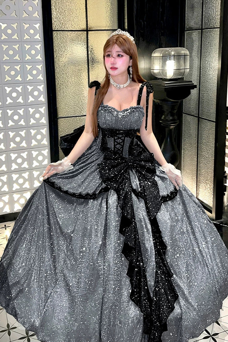 Grey [Galaxy of Fallen Tears] Sleeveless Glitter Series Ruffled Bow Asymmetric Sweet Lolita Jsk Dress - image 9