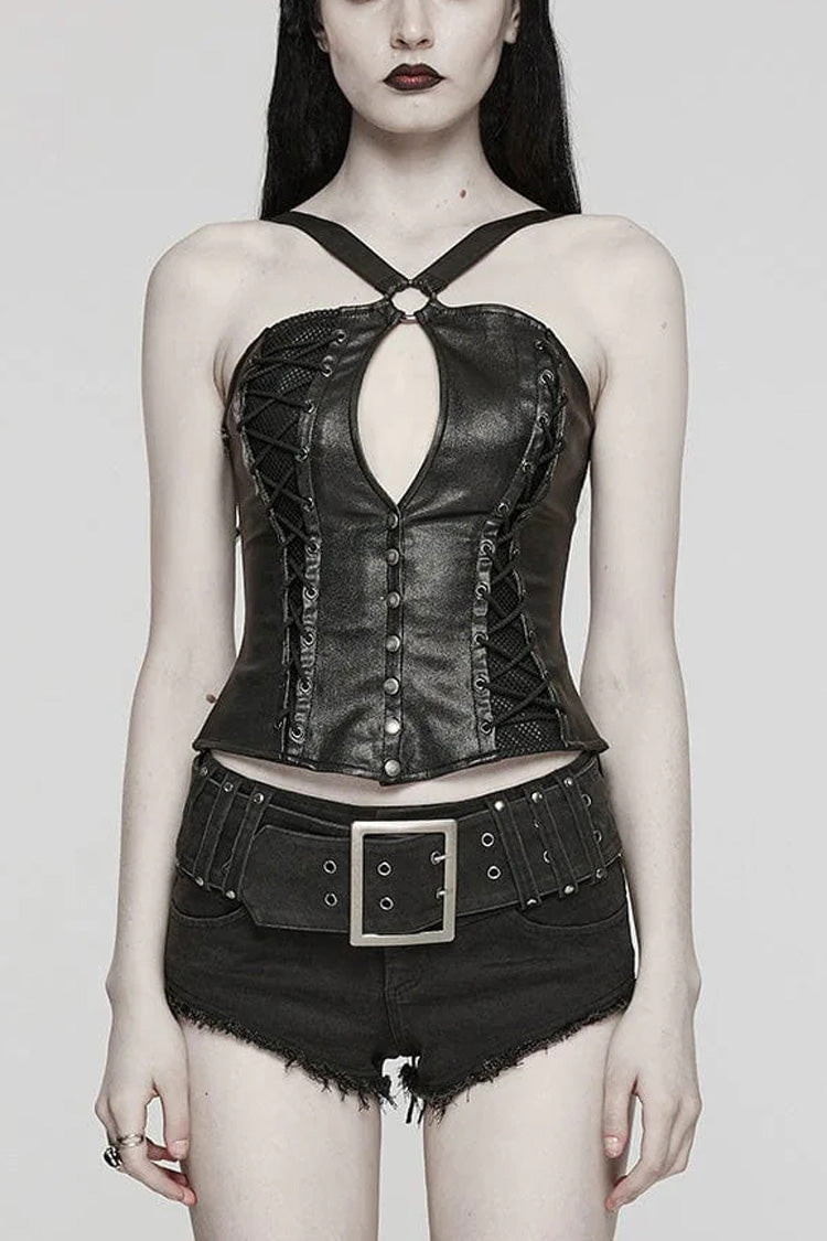 Black Cross Straps Hollow Lace-Up Womens Steampunk Vest - Black - 1