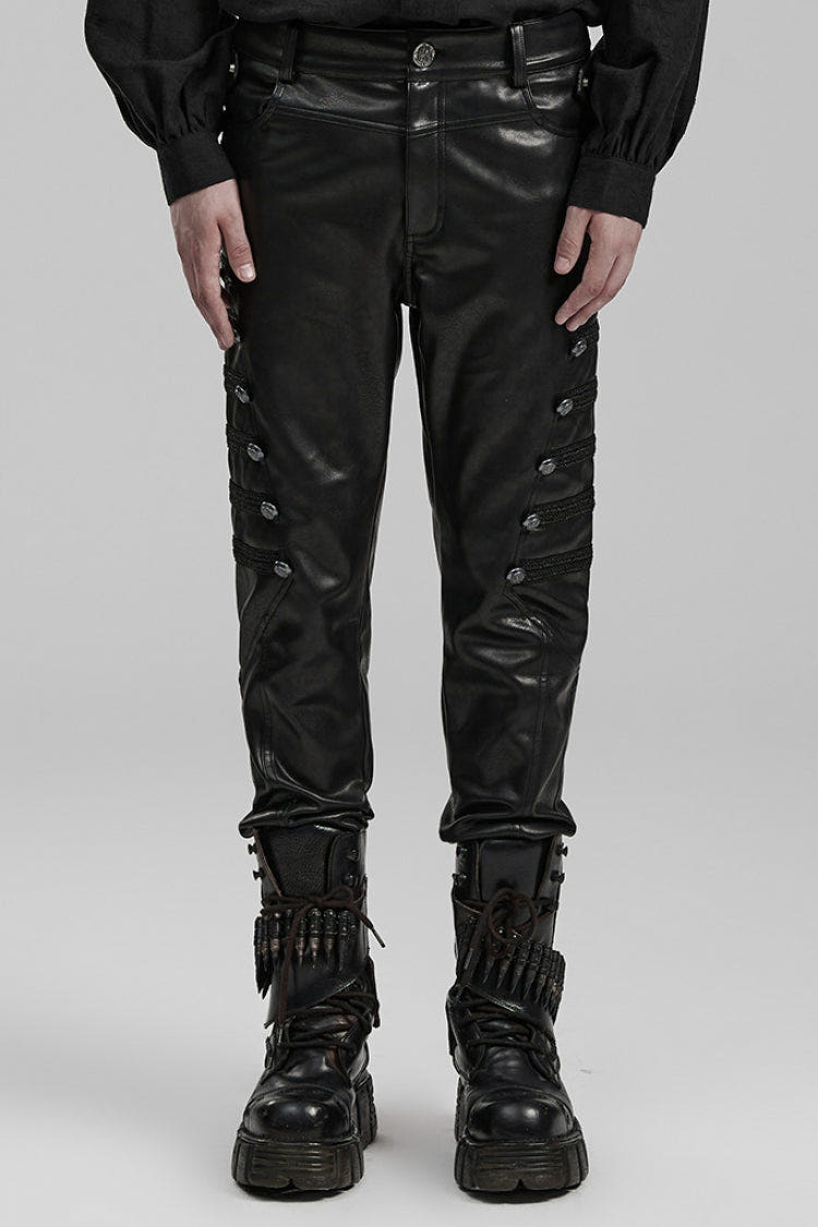 Black Metal Buckles Faux Leather Men's Steampunk Pants - Black - 1
