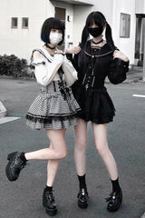 Black Ruffle Bowknot Lace Lace-Up Pearl Jirai Kei Japanese Skirt - Product - 6