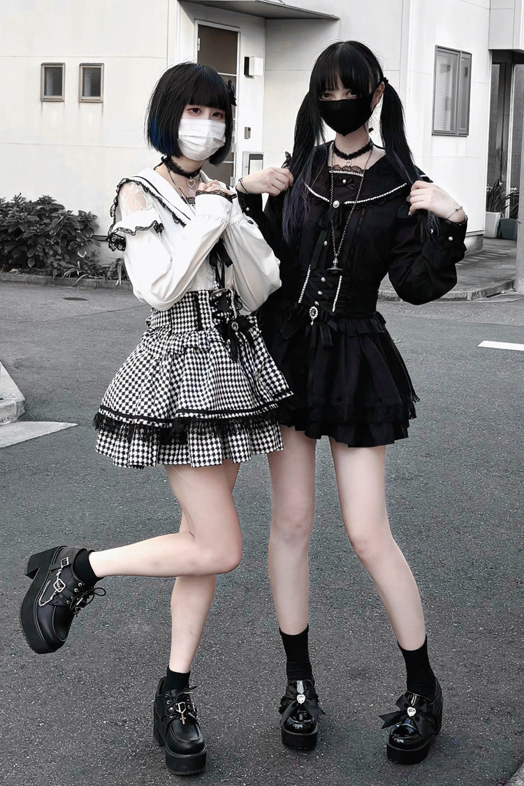 Black/White Houndstooth Print Ruffle Bowknot Lace Lace-Up Jirai Kei Japanese Skirt - Product - 7