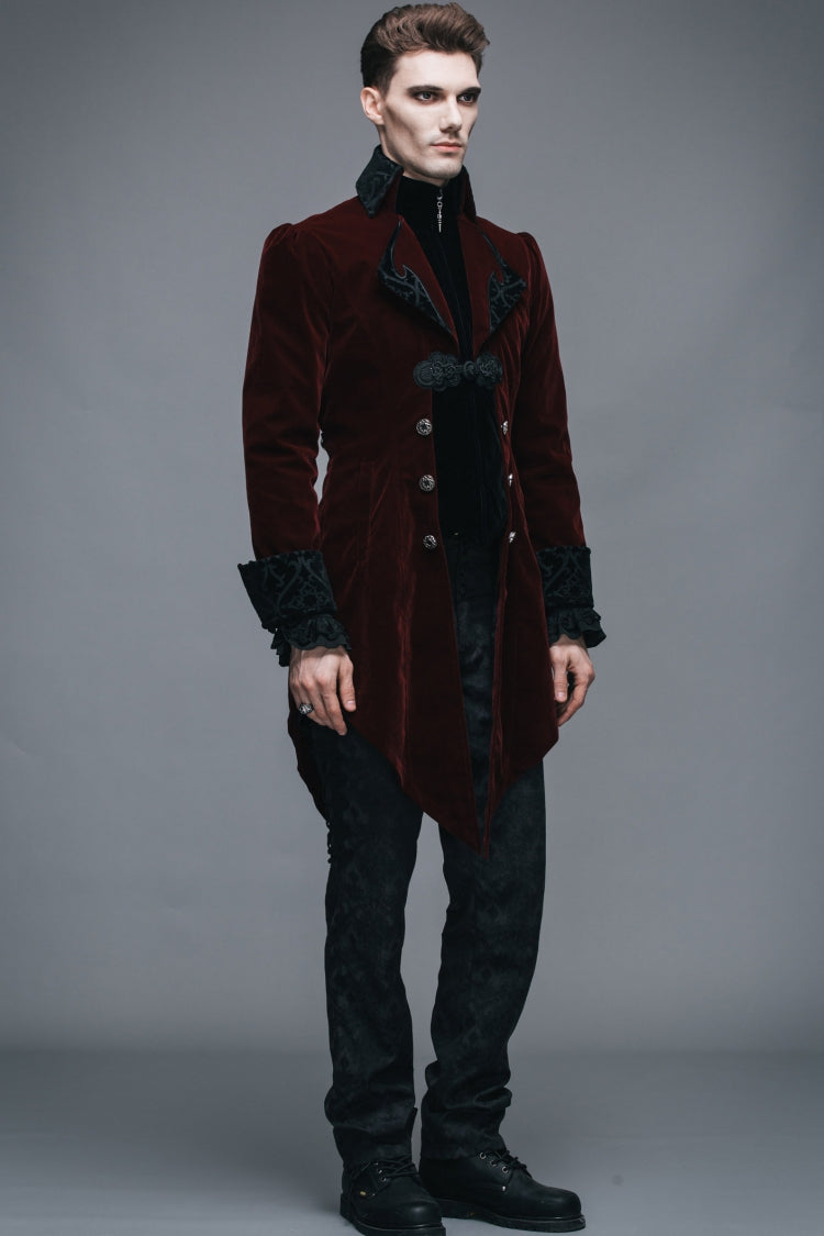 Wine Formal Party Turn Down Collar Long Sleeves Mens Gothic Swallowtail Coat - Product - 7