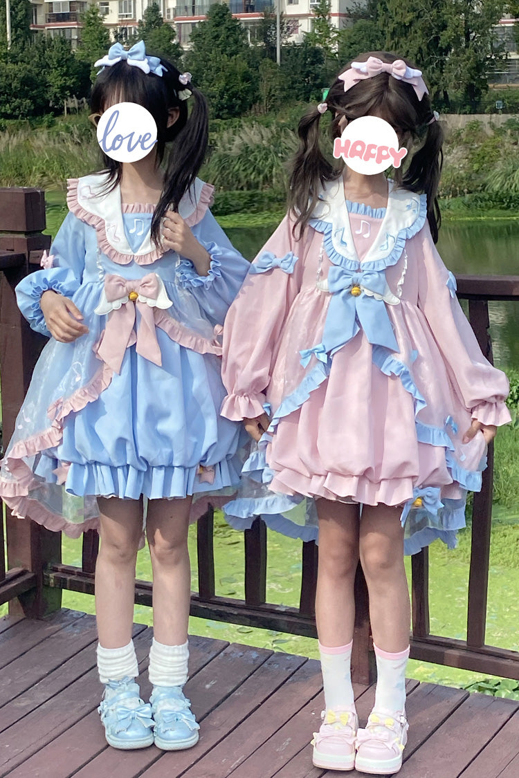 Blue Long Sleeves Music Notes Print Ruffle Bowknot Lace Sweet Lolita Dress - Product - 9