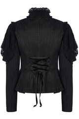 Black Gothic Lace Jacquard Double Row Velvet Button Metal Zip Back Lace Up Women's Jacket - Product - 7