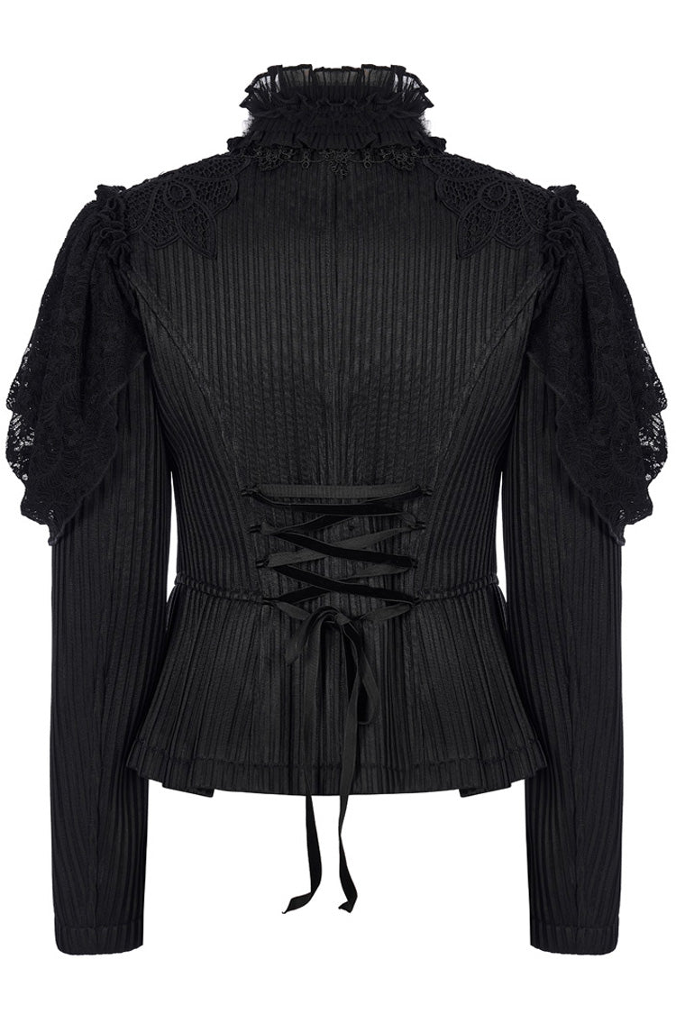 Black Gothic Lace Jacquard Double Row Velvet Button Metal Zip Back Lace Up Women's Jacket - Product - 7