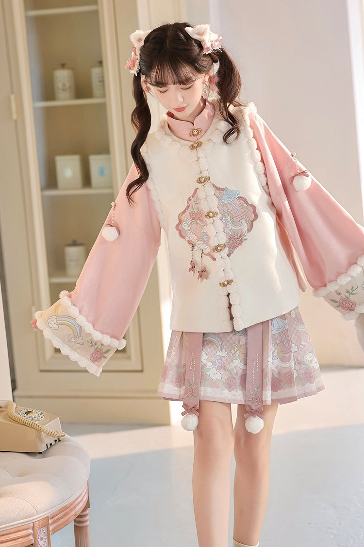 White/Pink [Miracle Pony] Round Collar Long Sleeves High Waisted Printed Women's Sweet Hanfu Dress Set - Product - 6