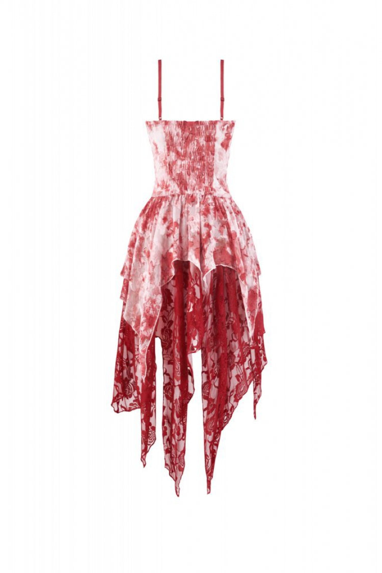 Red/White Multi-Layered Asymmetric Tie-dyed Women's Gothic Slip Dress - Product - 14