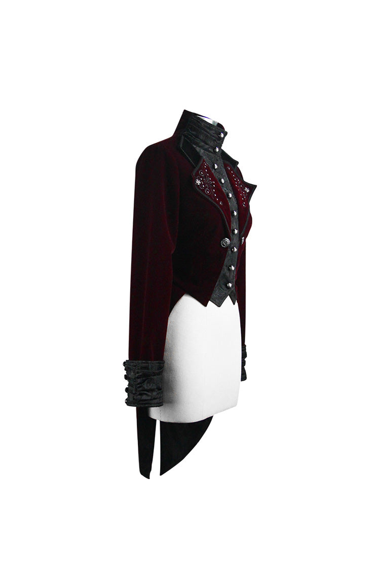 Red/Black Jacquard Lapel Embroidered Metal Nail Velveteen Swallowtail Women's Gothic Coat - Product - 6