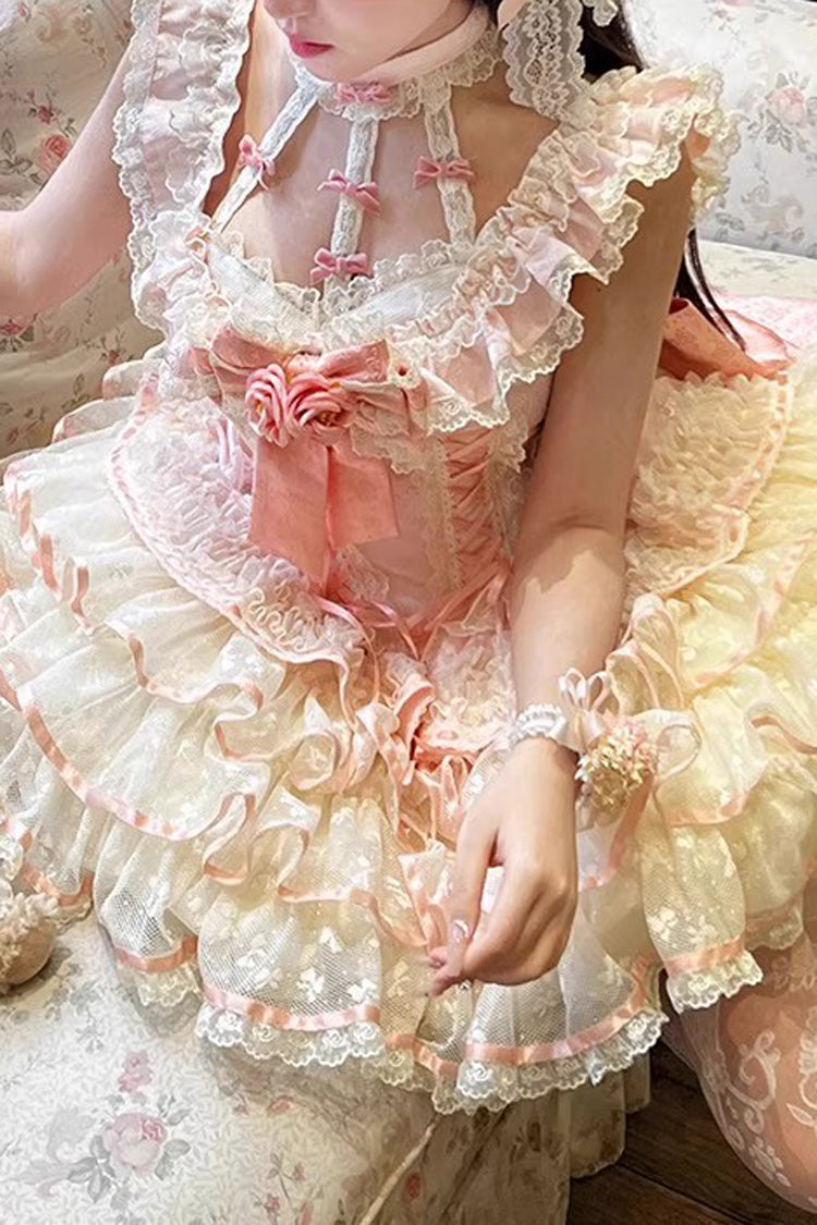 Pink [Flower Language of Eros] Halterneck Multi-Layered Ruffle Bowknot Rose Lace Lace-Up Sweet Ballet Lolita Jsk Dress - Product - 6