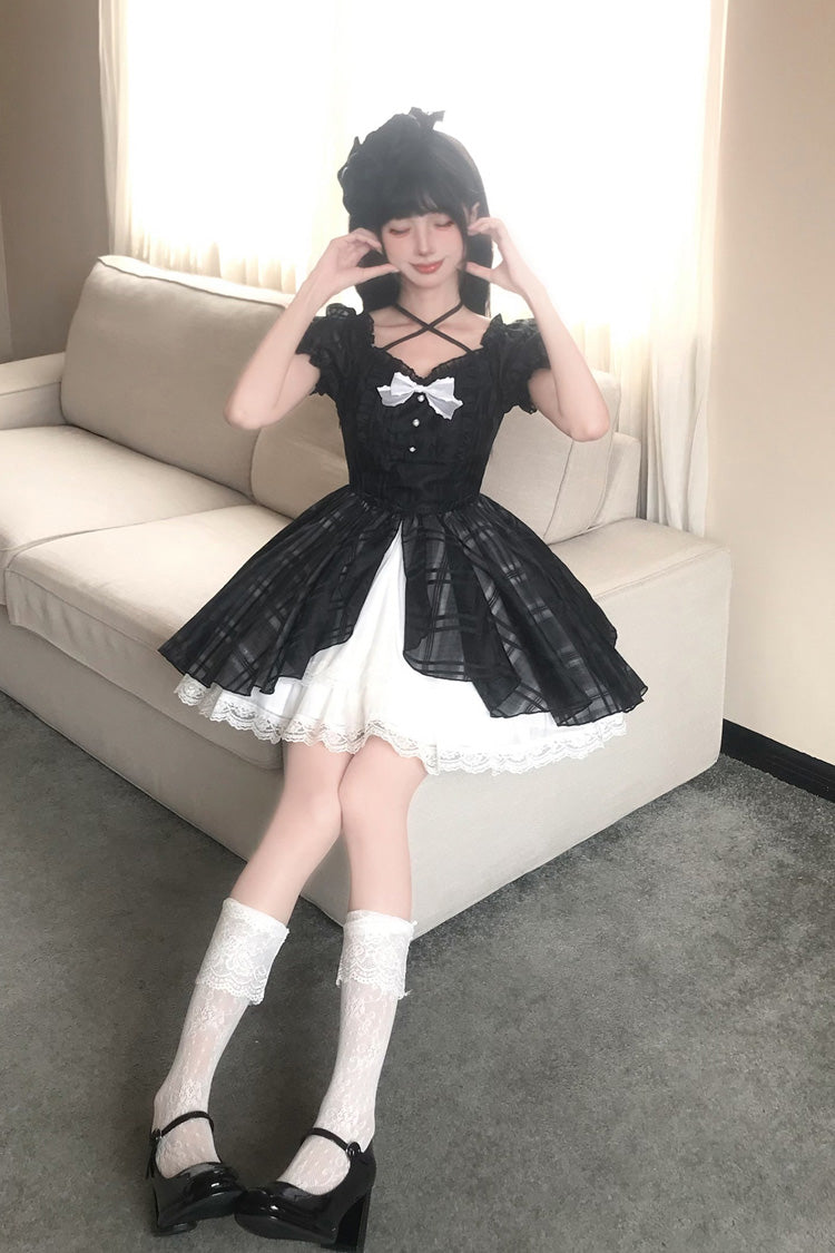 Black/White Square Collar Short Puff Sleeves Plaid Printed Ruffled Bow Lace Sweet Princess Lolita Dress - Product - 9
