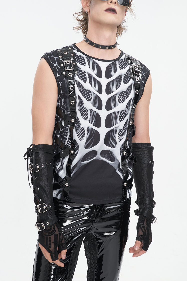 Black/White Round Collar Print Hollow Men's Punk Vest - Black/White - 1
