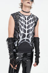 Black/White Round Collar Print Hollow Men's Punk Vest - Black/White - 1
