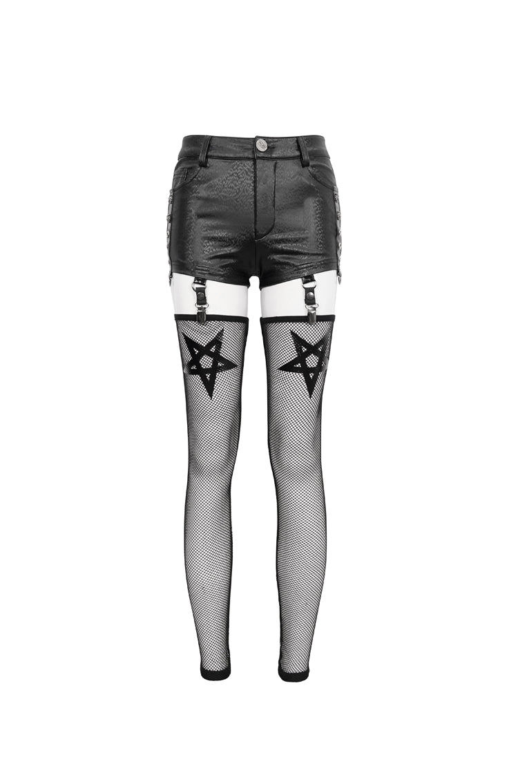Black Faux Leather Pentagram With Stockings Women's Punk Shorts - Product - 8