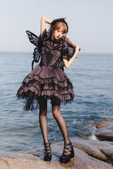 Black/Purple Silent Melody Ballet Style Halter Boat Neck Short Sleeves Gothic Lolita Dress - Product - 2