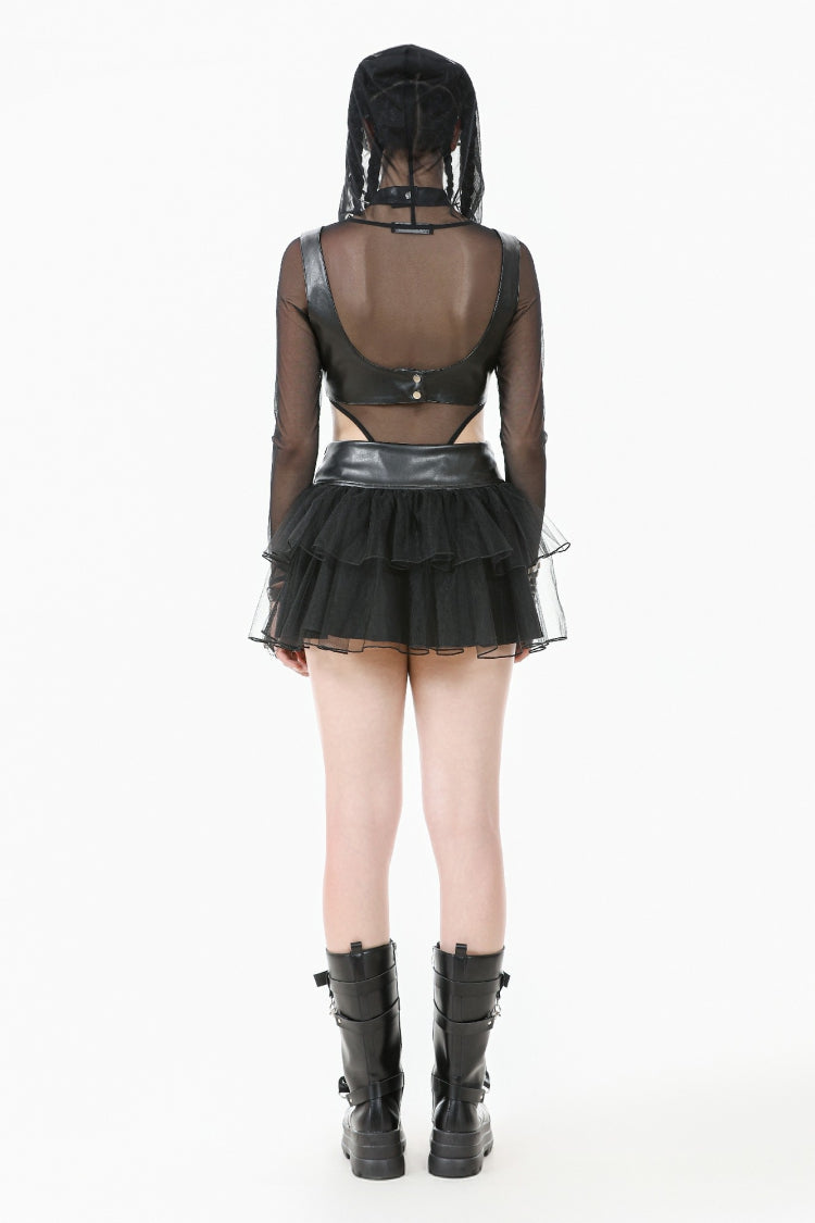 Black Multi-Layered Lace Mesh Women's Punk Short Skirt with D-Ring Ties Waist - Product - 4