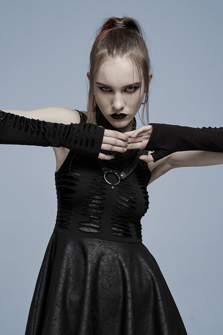 Black Ripped Color-Blocked Pleated Women's Gothic Long Gloves - Black - 1