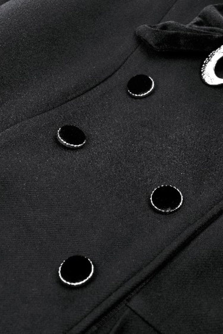 Black Long Sleeves Crescent Moon Bow Spliced Double-breasted Women's Gothic Coat with Cat Ear Hood - Product - 15