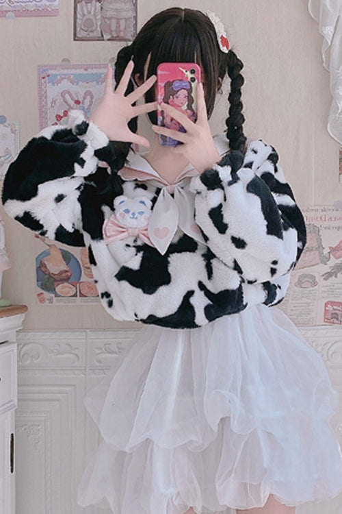 White/Black Round Collar Plush Cow Series Sweet Lolita Coat - Product - 4