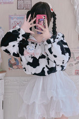 White/Black Round Collar Plush Cow Series Sweet Lolita Coat - Product - 4