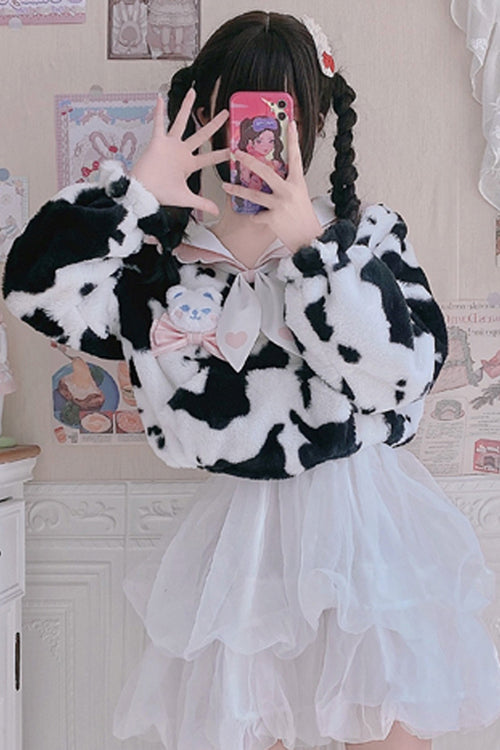 White/Black Round Collar Plush Cow Series Sweet Lolita Coat - Product - 4