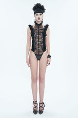 Black Stretch Patent Leather Cutout Lace Ruffle Button Women's Gothic Bodysuit - Product - 3