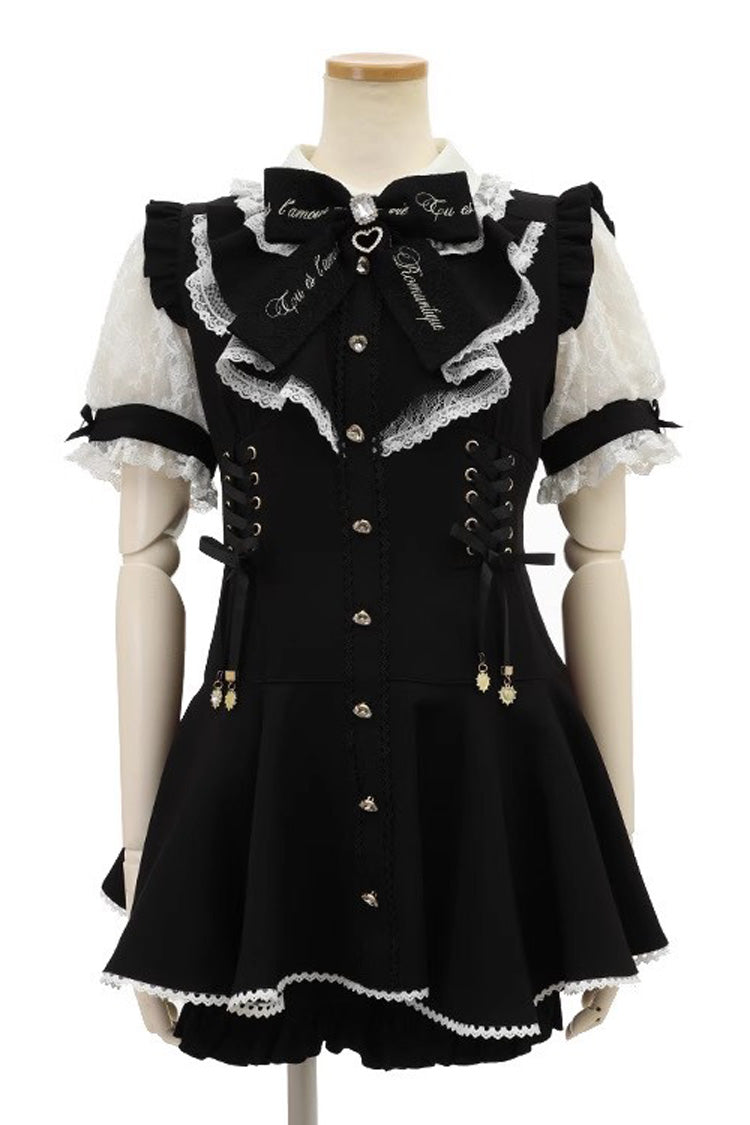 Black Japanese Diamond Buckle Heart Bow Lace Sweet Jirai Kei Dress Fake Two-piece Set - Product - 3