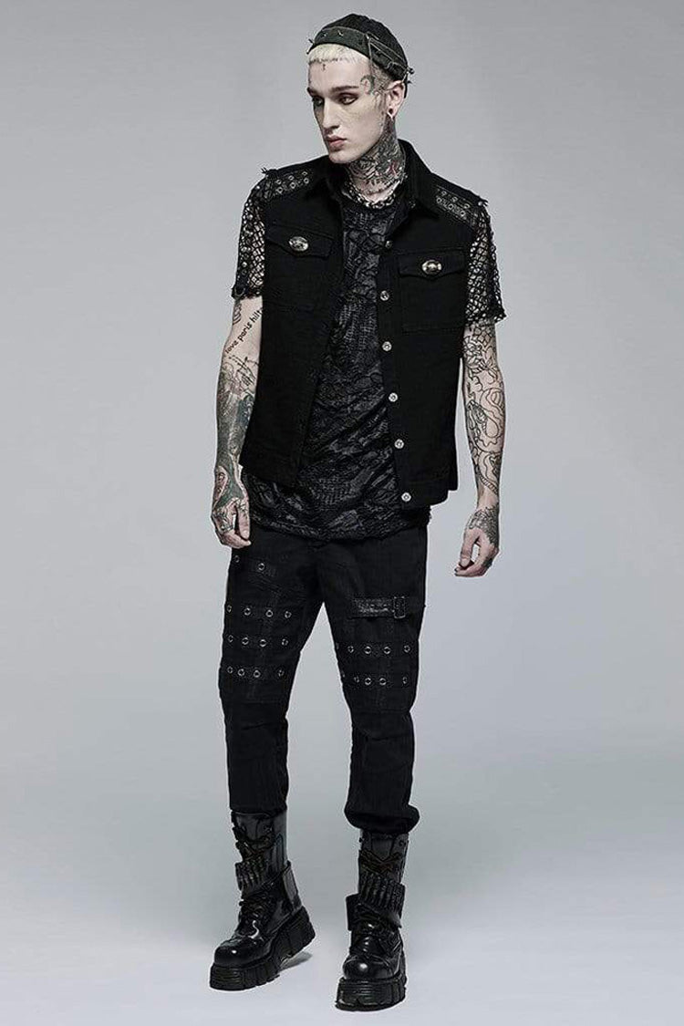 Black Punk Elastic Twill Fabric Featured Flap Pocket Metal Accessories Sleeveless Men's Vest - Product - 4