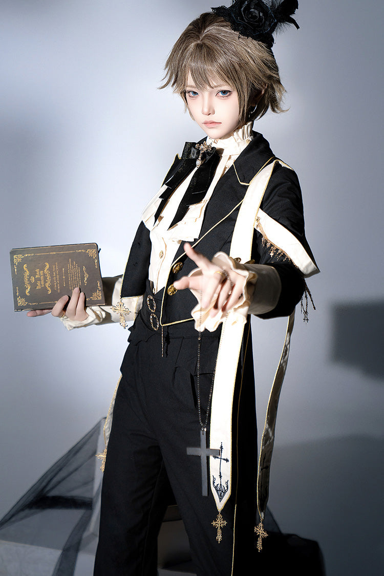 Black Long Sleeves Print Gothic Prince Handsome Ouji Lolita Swallowtail Coat - Product - 6