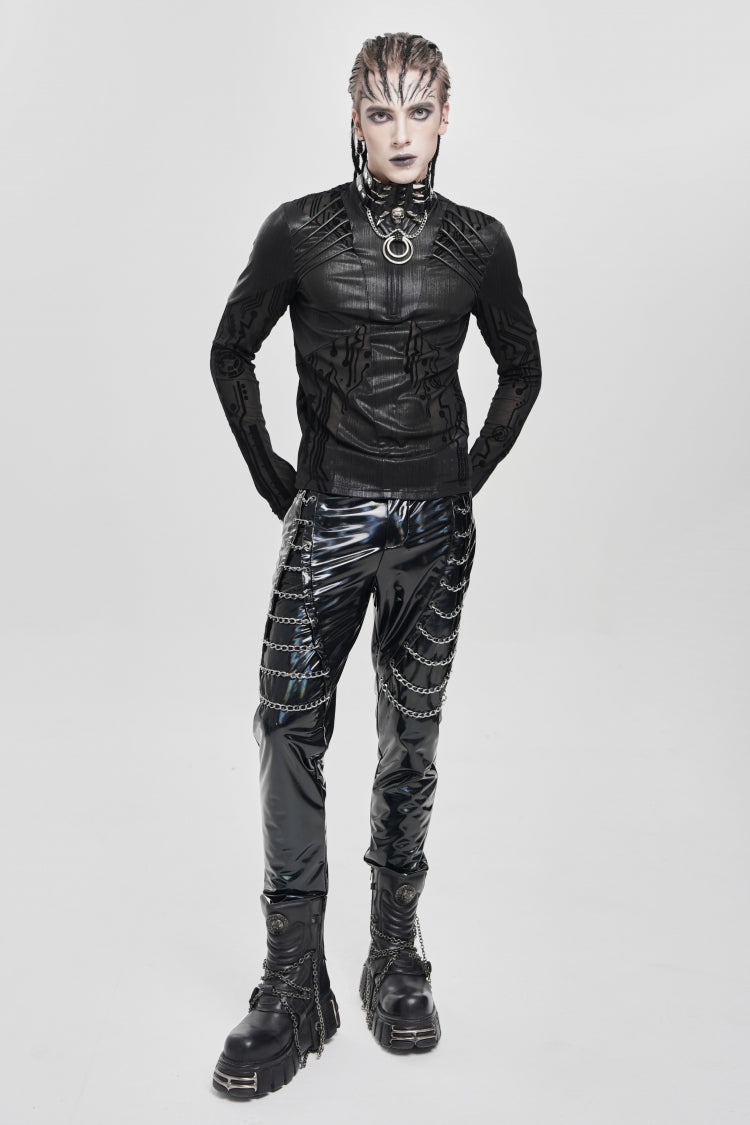 Black Long Sleeves Circuit Board Print Men's Punk Blouse - Product - 8