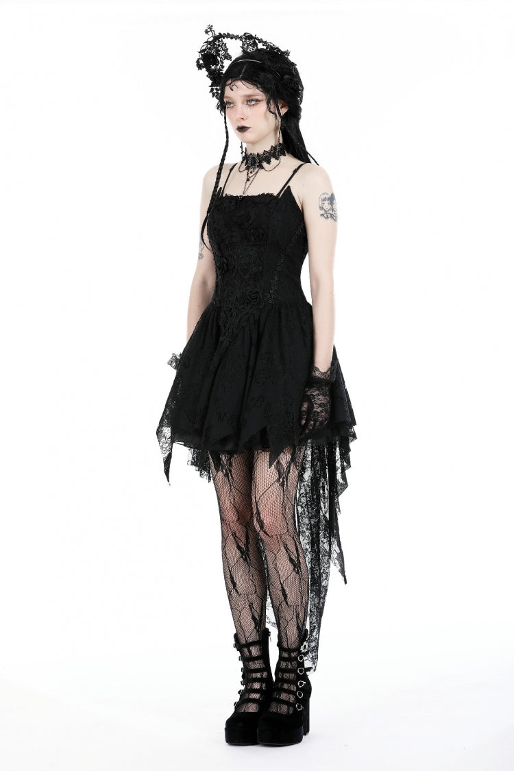 Black Sleeveless Rose Lace Lace-Up Women's Gothic High Low Dovetail Slip Wedding Dress - Product - 8