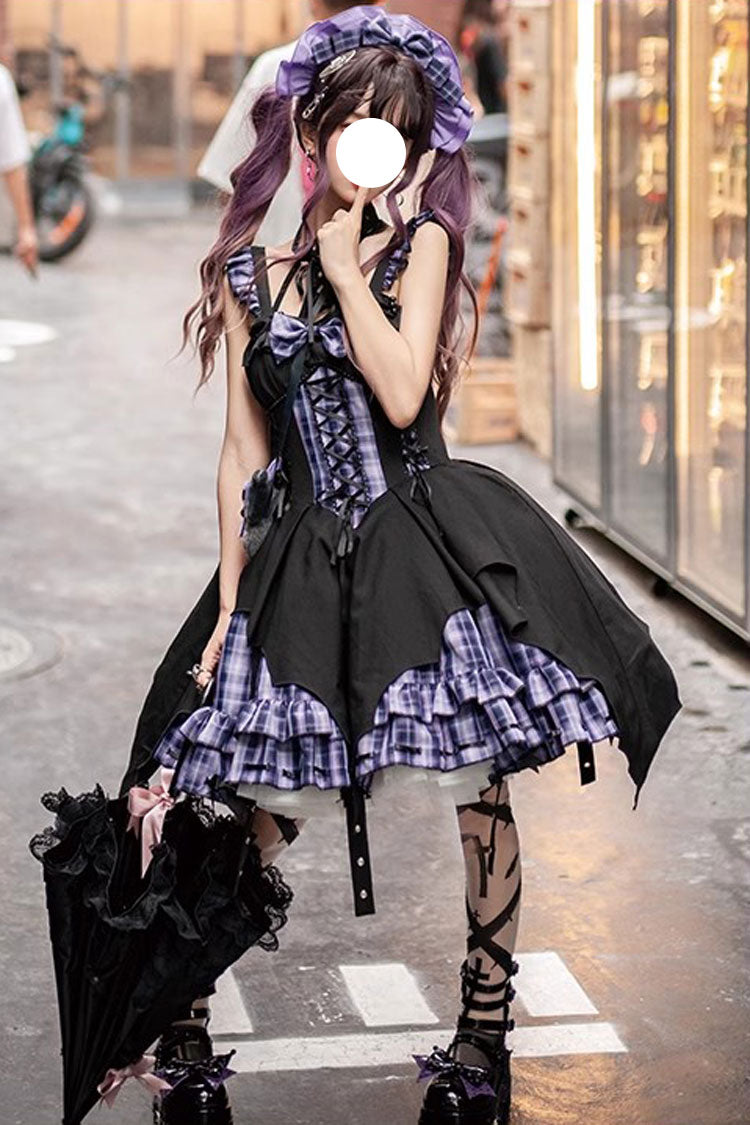 Rock Radio Wave Irregular Subculture Grid Print Bowknot Stitching Gothic Lolita Dress 3 Colors - Black Purple - 1