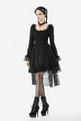 Black Square Collar Long Trumpet Sleeves Lace Lace-Up Multi-Layered High-Low Women's Gothic Dress - Product - 11