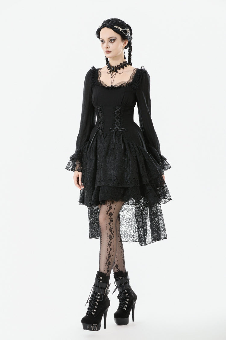 Black Square Collar Long Trumpet Sleeves Lace Lace-Up Multi-Layered High-Low Women's Gothic Dress - Product - 11
