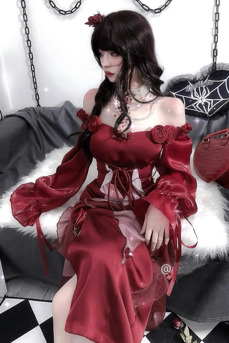 Red Rose Long Sleeves Bowknot Classic Elegant Lolita Strapless Dress - Product - 2
