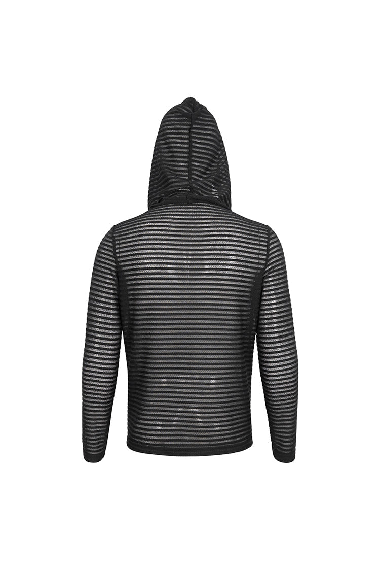 Black Striped Sheer Long Sleeve Men's Punk Sweatshirt Hooded - Product - 10