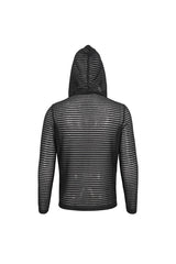 Black Striped Sheer Long Sleeve Men's Punk Sweatshirt Hooded - Product - 10
