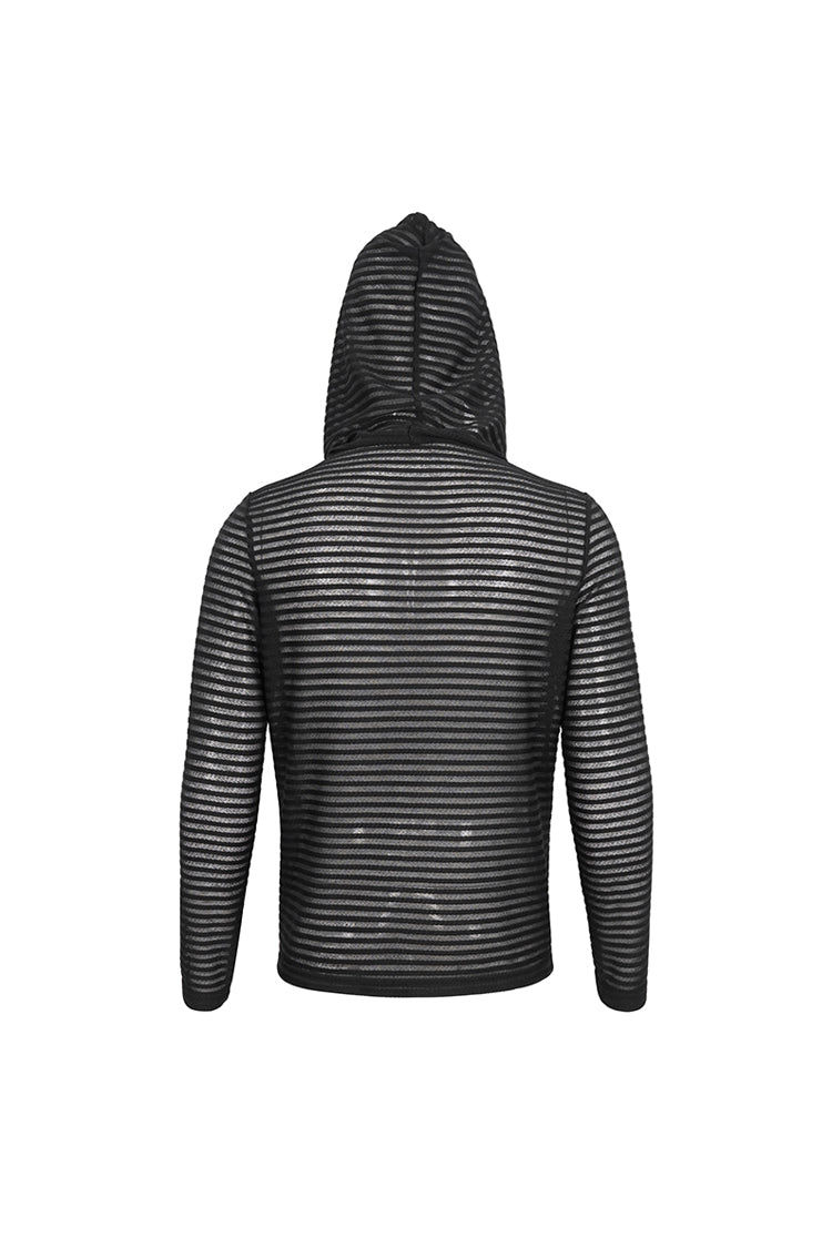 Black Striped Sheer Long Sleeve Men's Punk Sweatshirt Hooded - Product - 10